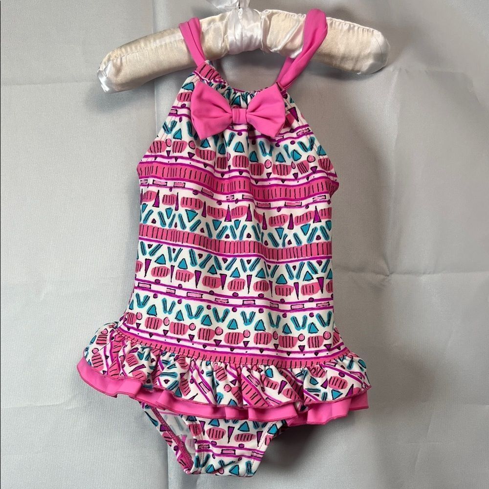 Floatimini pink and blue geometric print ruffle skirt swimsuit size 3T